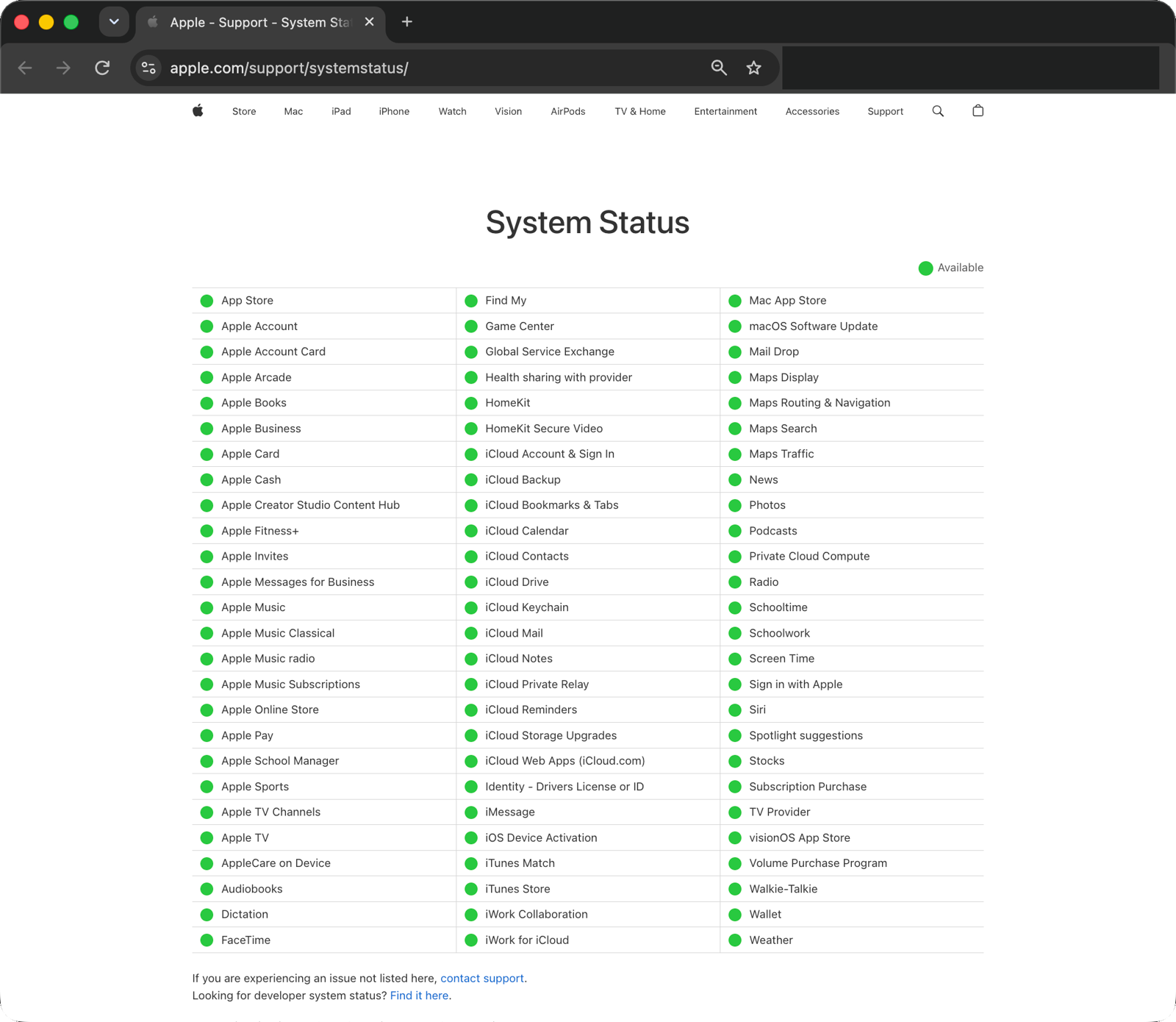 Apple’s System Status page in a browser: a grid of Apple services, each with a green dot for available