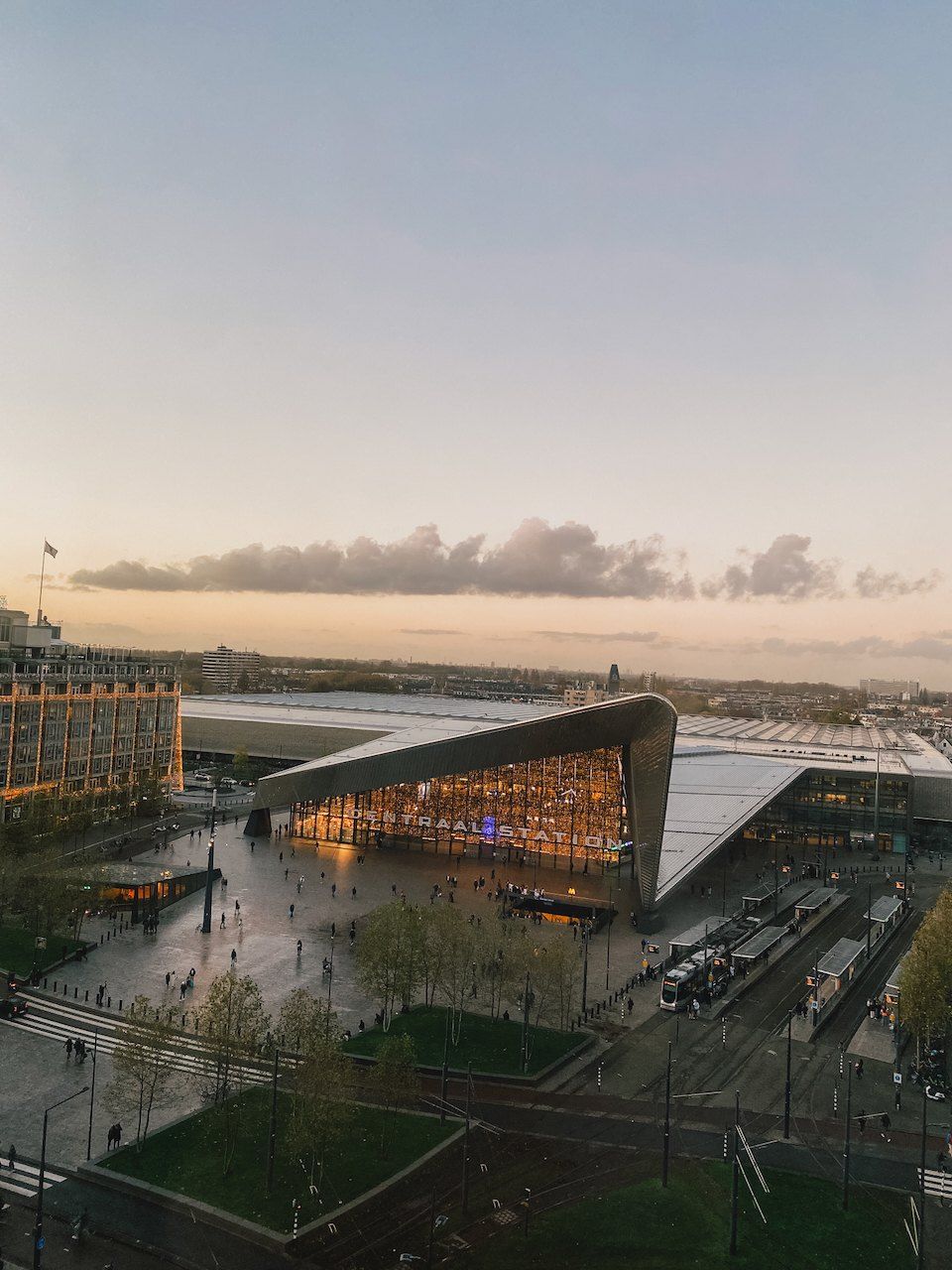 View over Rotterdam Central station at dusk